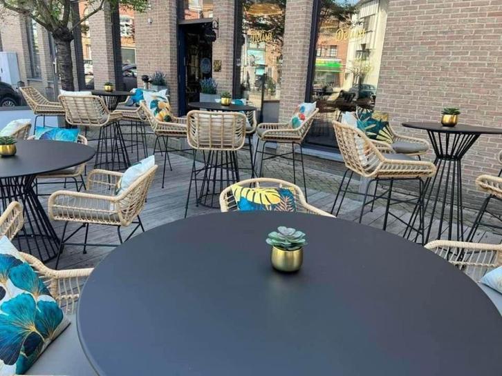 6 terrastafels en 24 stoelen, Tuin en Terras, Tuintafels, Gebruikt, Rond, Ophalen