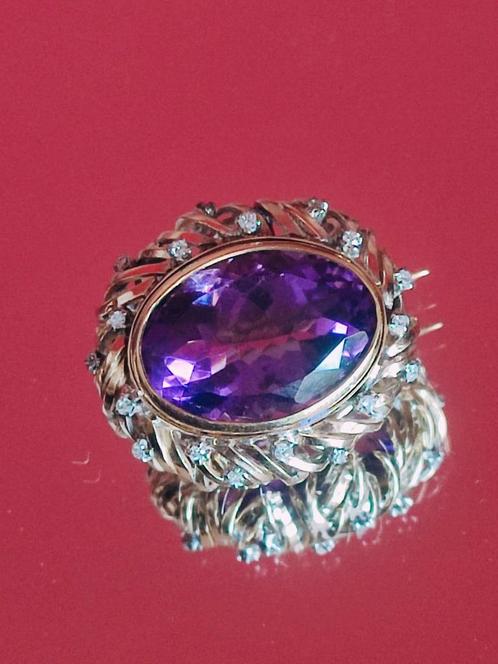 Antieke broche-pin met amethist en diamanten, Handtassen en Accessoires, Broches, Zo goed als nieuw, Goud, Goud, Minder dan 4 cm