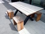 Massief eiken tafel met aluminium poten, Tuin en Terras, Ophalen, Zo goed als nieuw, Aluminium