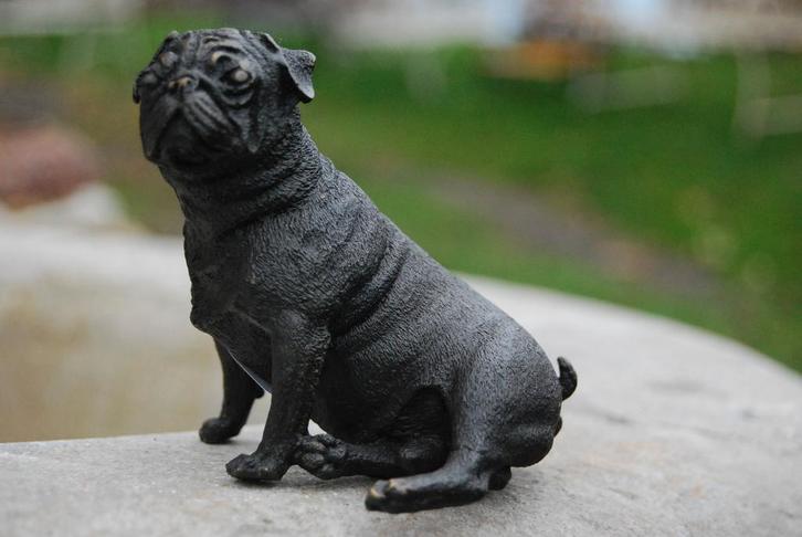 ZITTENDE MOPSHOND IN BRONZEN BORD, Antiek en Kunst, Antiek | Brons en Koper, Brons, Ophalen of Verzenden