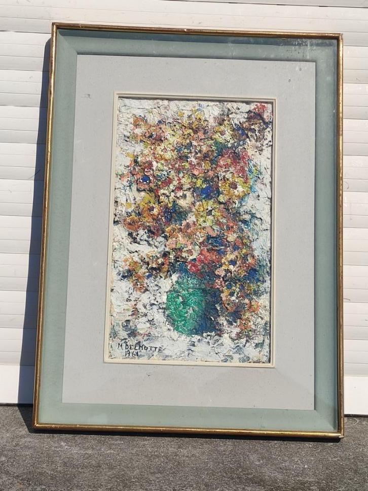 huile sur panneau fleur signe marcel delmotte, Antiek en Kunst, Kunst | Schilderijen | Klassiek, Ophalen of Verzenden