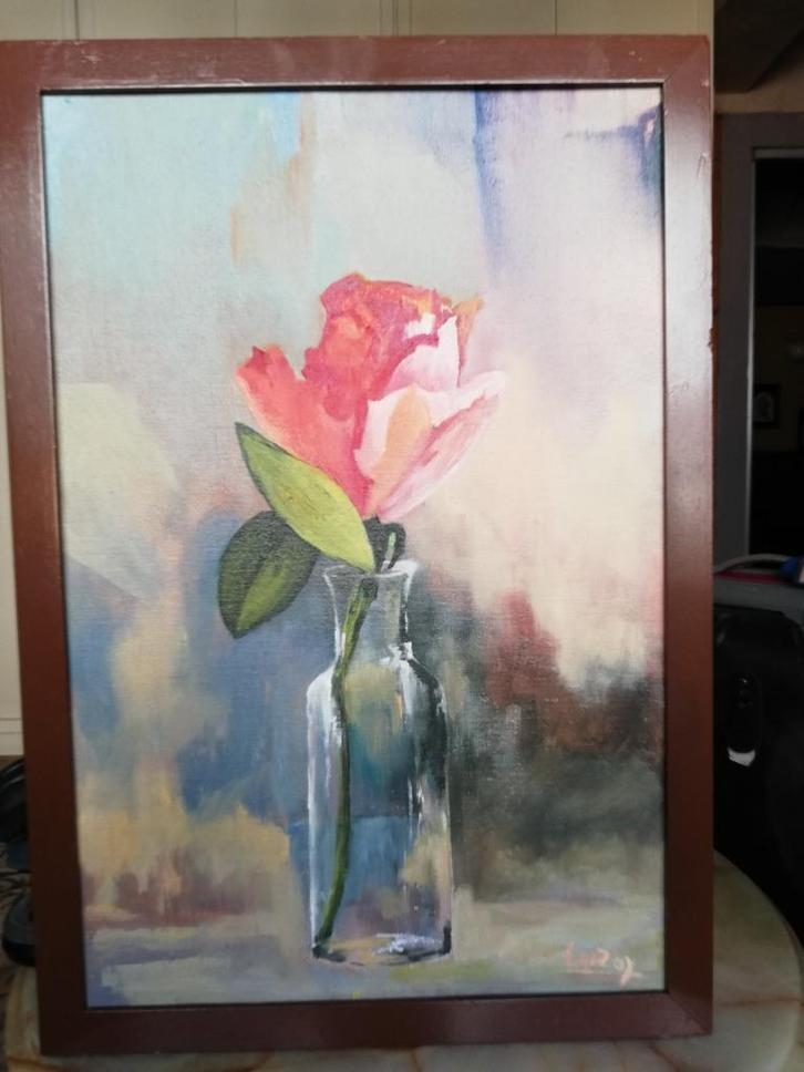 * A. Leroy: stilleven: roos in fles, Antiek en Kunst, Kunst | Schilderijen | Klassiek, Ophalen of Verzenden