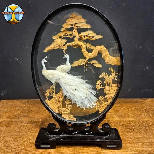 Grote Chinese diaroma kurk snijwerk (witte pauwen) H36cm, Antiek en Kunst, Kunst | Niet-Westerse kunst, Ophalen of Verzenden
