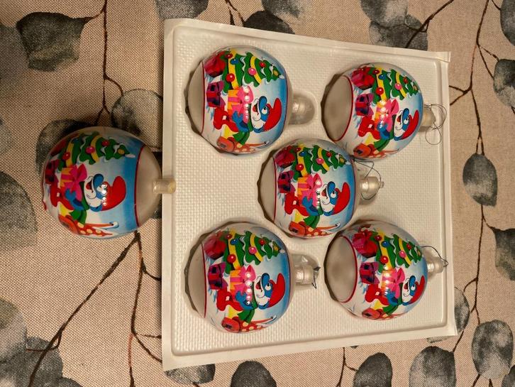 Vintage kerstballen/boules de Noël Smurfen/Schtroumpfs doos, Verzamelen, Smurfen, Gebruikt, Overige typen, Verschillende Smurfen