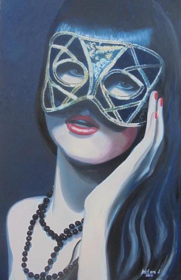 groot olieschilderij masked girl (75x115 cm) beschikbaar voor biedingen
