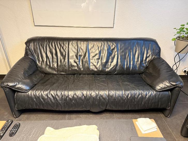 Salon en cuir noir (2 places), Maison & Meubles, Canapés | Salons, Utilisé, Banc droit, Trois personnes, 150 à 200 cm, 75 à 100 cm