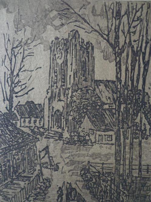 ets Maurice Flament Kerk met stompe toren, Antiek en Kunst, Kunst | Etsen en Gravures, Ophalen of Verzenden