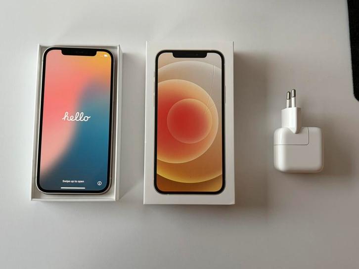 Iphone 12 wit 64 gb in nieuwstaat met doos, Telecommunicatie, Mobiele telefoons | Apple iPhone, Zo goed als nieuw, 64 GB, iPhone 12