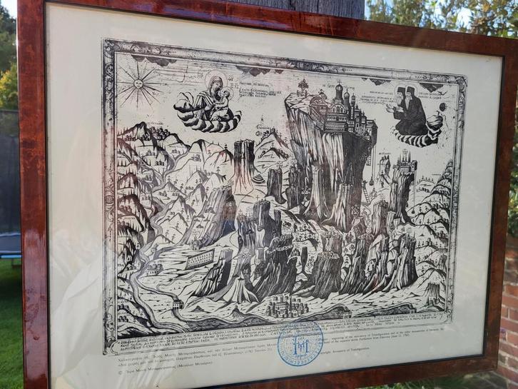 Vintage gravure kloosters Meteora met echtheidsstempel, Antiek en Kunst, Kunst | Tekeningen en Fotografie, Ophalen