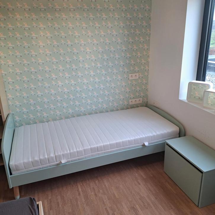 Flexa kinderbed 90x200 en opbergbank mintgroen, Kinderen en Baby's, Kinderkamer | Bedden, Lattenbodem, Matras, Ophalen