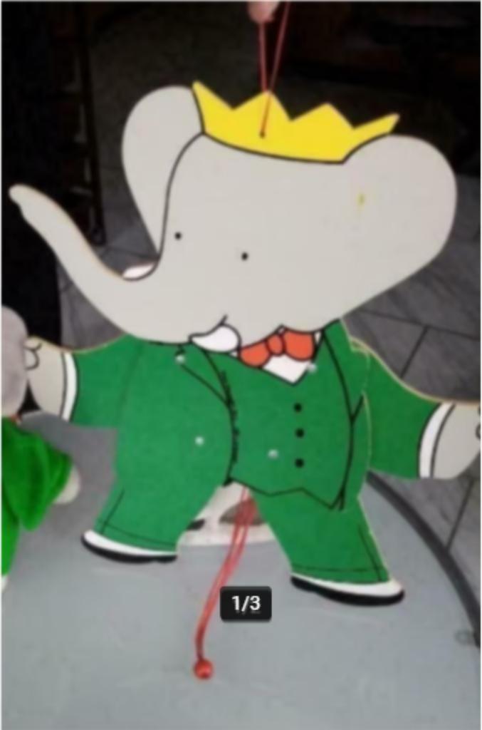 Babar : houten trekpop - vintage '88/'89 en knuffel 38cm, Verzamelen, Stripfiguren, Gebruikt, Beeldje of Figuurtje, Ophalen of Verzenden