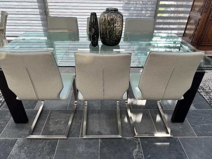 Glazen eettafel en stoelen, Huis en Inrichting, Tafels | Eettafels, Zo goed als nieuw, 100 tot 150 cm, 200 cm of meer, Vijf personen of meer