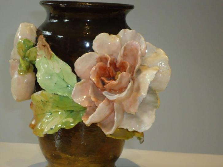 Barbotine vaas XIXE Longchamp art nouveau grote bloemen FL, Antiek en Kunst, Antiek | Vazen, Ophalen of Verzenden