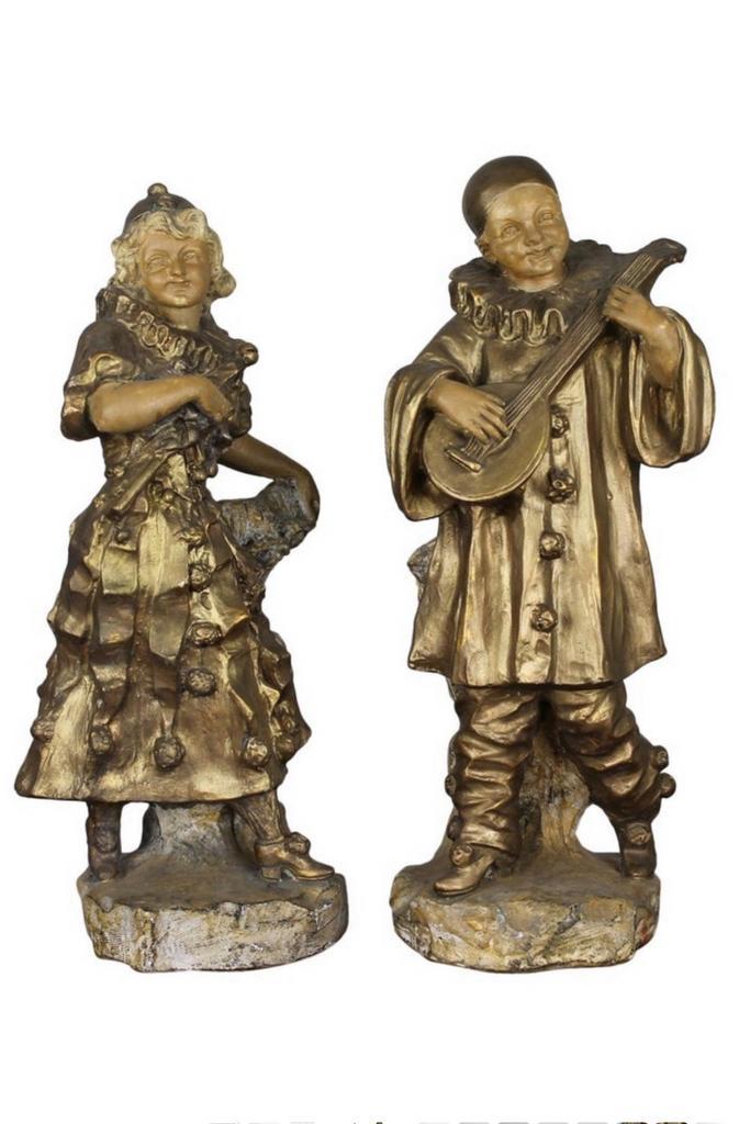 Plaaster Pierrot Pierette beelden - vaasjes Art nouveau, Antiek en Kunst, Curiosa en Brocante, Ophalen of Verzenden