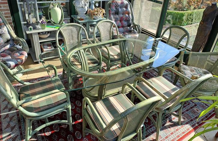 Complete set Rotan meubelen (groen), Huis en Inrichting, Complete eetkamers, Gebruikt, 6 tot 8 stoelen, Ophalen