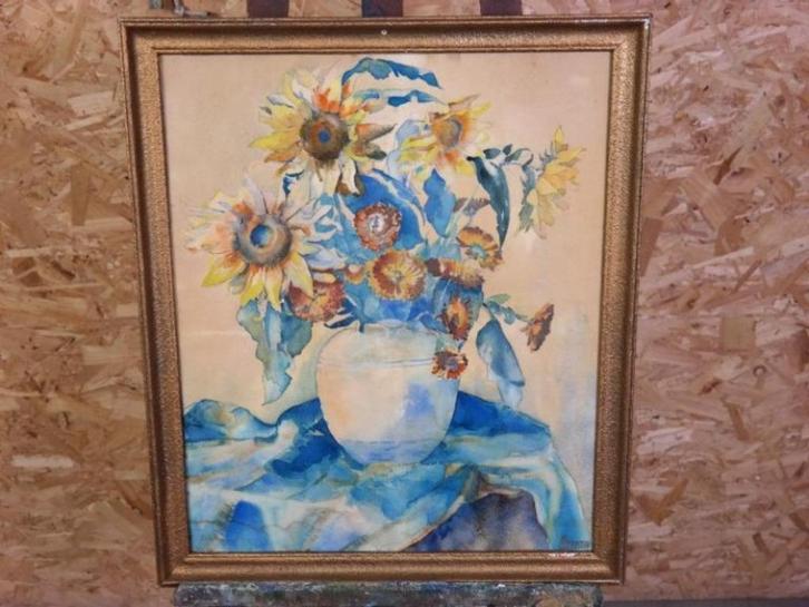 Reproductie zonnebloem schilderij "E.Sermon", Antiek en Kunst, Kunst | Schilderijen | Klassiek, Ophalen of Verzenden