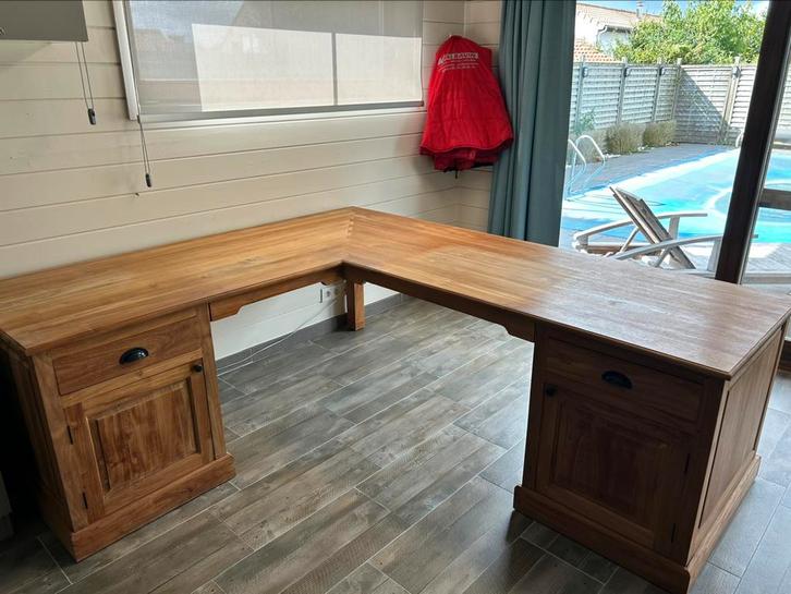Handgemaakte  massief teak bureau in L vorm, Huis en Inrichting, Bureaus, Zo goed als nieuw, Bureau, Ophalen