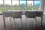 Glazen tafel met 6 bijpassende stoelen, 4 tot 6 stoelen, Modern, Zo goed als nieuw, Ophalen