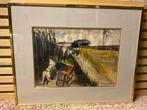 Schilderij landschap met man aan het riet,  ingekaderd, Ophalen of Verzenden