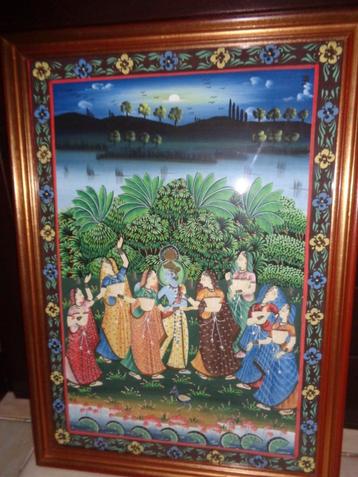 Belle grande peinture ancienne (Indienne) avec un beau cadre
