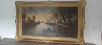 Zeer groot olie schilderij op doek bootjes aan de waterkant, Antiek en Kunst, Ophalen of Verzenden