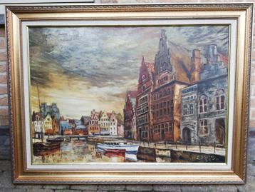 L Dhont: 'De Graslei van Gent ', groot schilderij