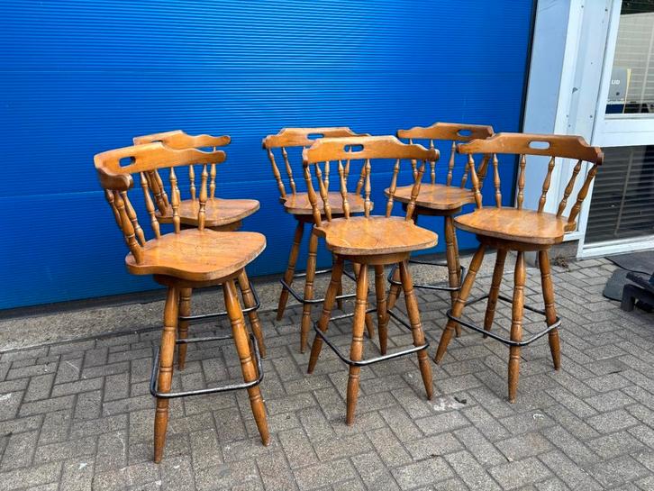 6 vintage houten barkrukken met draaistoel, Huis en Inrichting, Barkrukken, Zo goed als nieuw, Ophalen