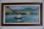 Peinture bateau / gondole / montagnes / lac (dans le cadre), Maison & Meubles, Peinture, 75 à 100 cm, Enlèvement, Utilisé