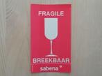 Sabena Sticker #001 Fragile - Breekbaar 9,6x16, Ophalen of Verzenden, Nieuw