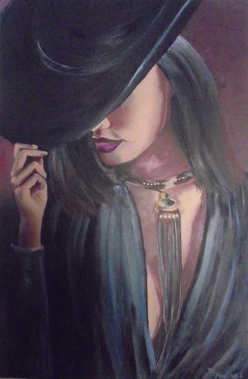 groot olieschilderij lady in black (75x115 cm) beschikbaar voor biedingen