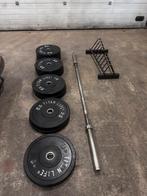 150kg Titan Bumperplates + Opbergrek en Olympische Barbell, Sport en Fitness, Fitnessmaterialen, Ophalen, Gebruikt, Halterschijven