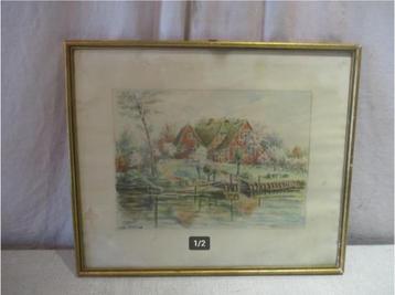 Mooi Oud Geschilderd Aquarel 'Hoeve bij de Rivier' - gesign