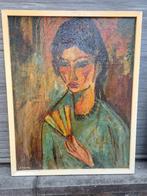 huile sur panneau femme a eventail signe, Enlèvement ou Envoi