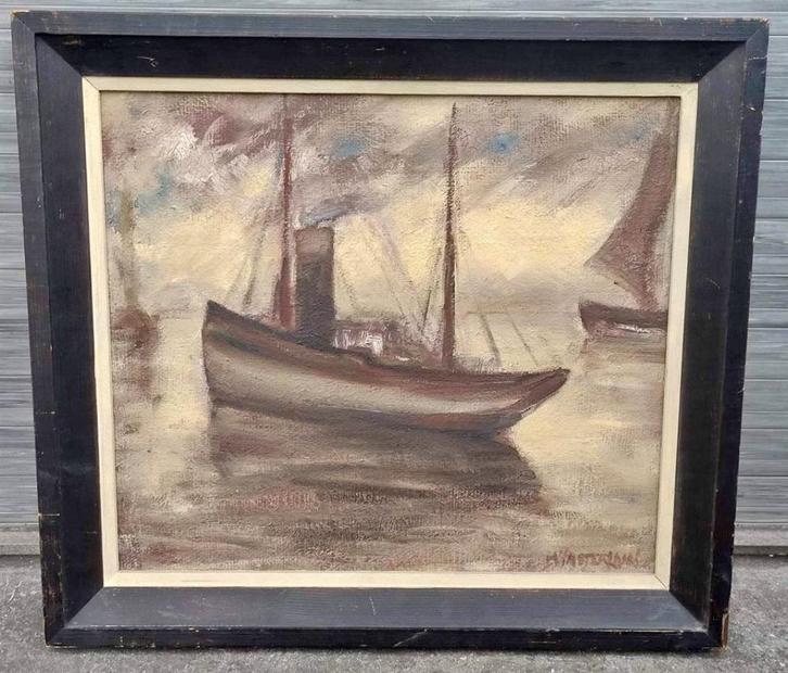 Huile sur toile marine signe Georges wasterlain, Antiek en Kunst, Kunst | Schilderijen | Klassiek, Ophalen of Verzenden