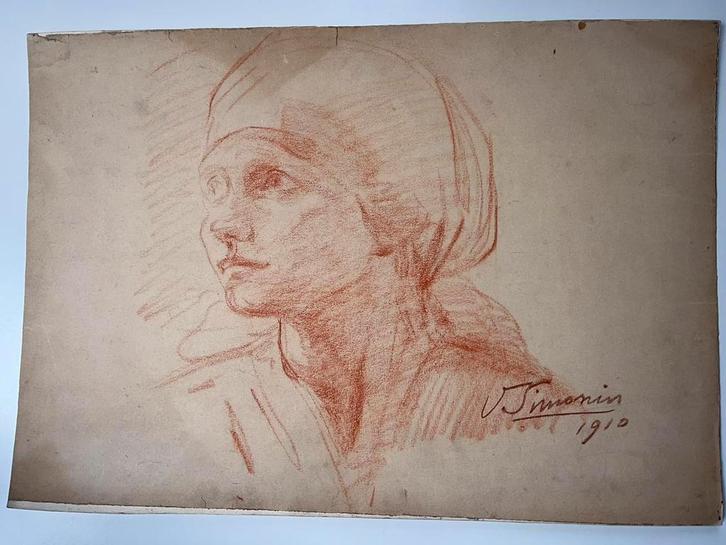 1910 sanguine Victor SIMONIN portret rood krijt pastel, Antiek en Kunst, Kunst | Tekeningen en Fotografie, Ophalen of Verzenden