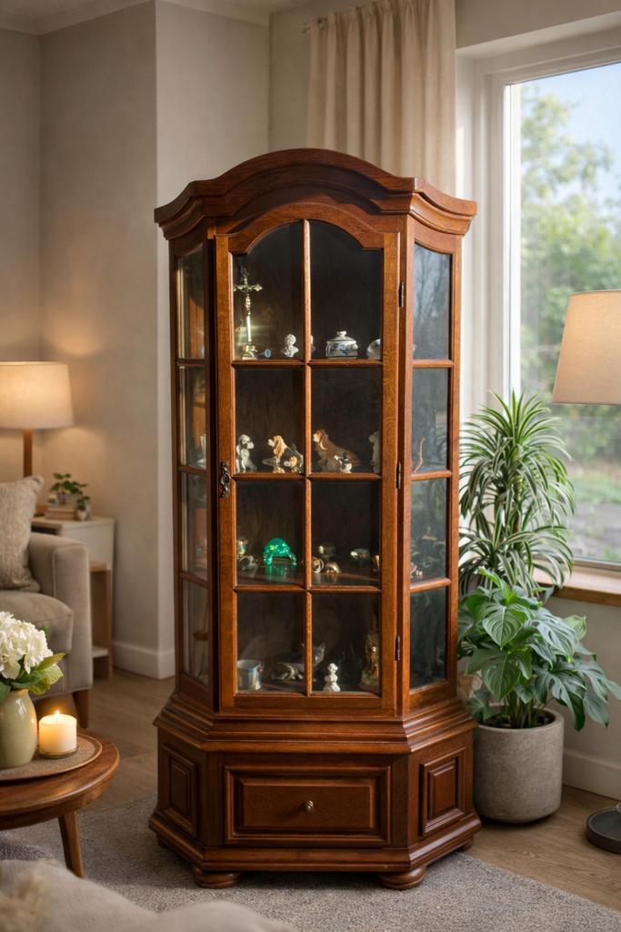 Elegante vitrinekast / hoekvitrine in massief hout, Maison & Meubles, Armoires | Vitrines, Comme neuf, Verre, Enlèvement