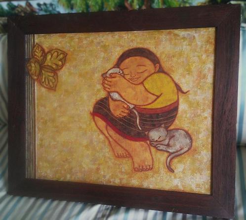 Meisje met 2 poezen - Indiase School, Antiek en Kunst, Kunst | Schilderijen | Klassiek, Ophalen of Verzenden