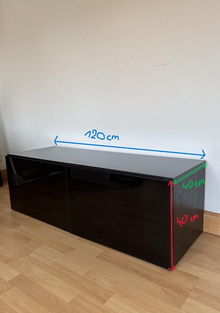 Banc TV noir avec compartiements et portes - longueur 120cm, Ophalen, Gebruikt, 100 tot 150 cm, Minder dan 100 cm