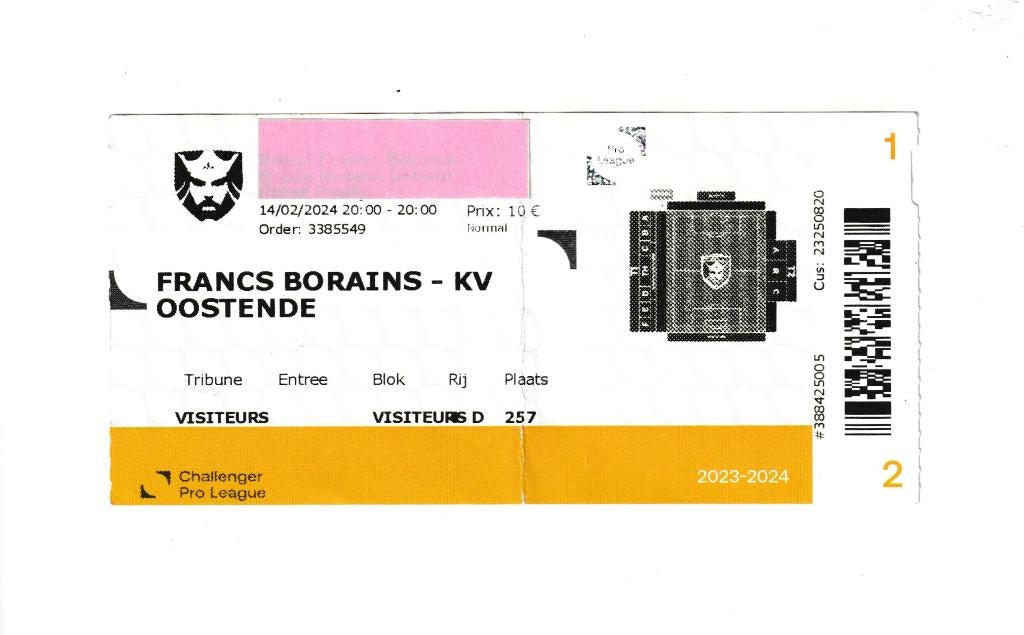 (gebruikt) ticket : Francs Borains - KV Oostende, 14/02/2024, Ophalen of Verzenden, Gebruikt, Overige typen