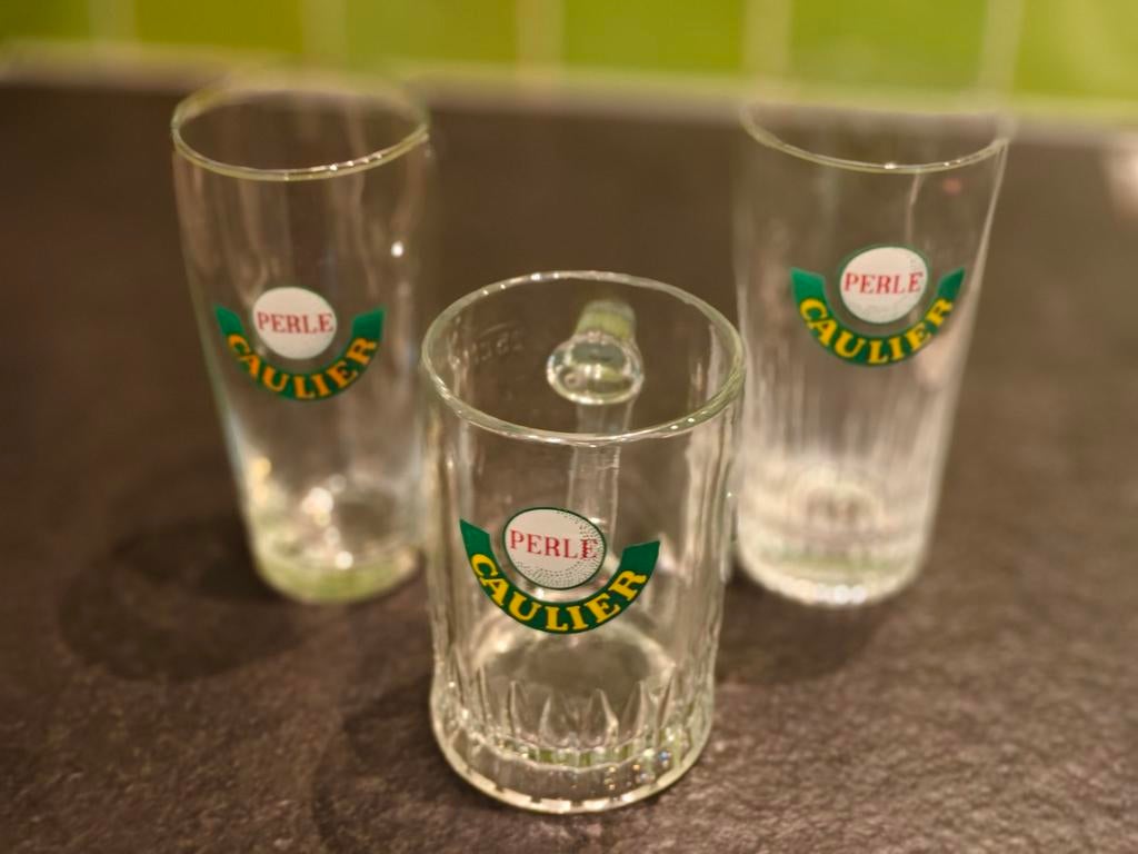 3 vintage Perle Caulier bierglazen – jaren 50 – België, Ophalen