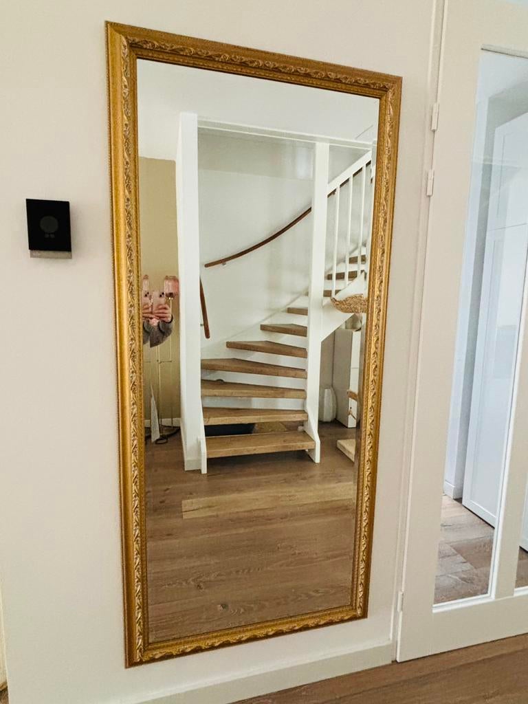 Grote rechthoekige spiegel met gouden lijst - 180x80 cm, Ophalen, Zo goed als nieuw, 75 tot 100 cm, 150 tot 200 cm