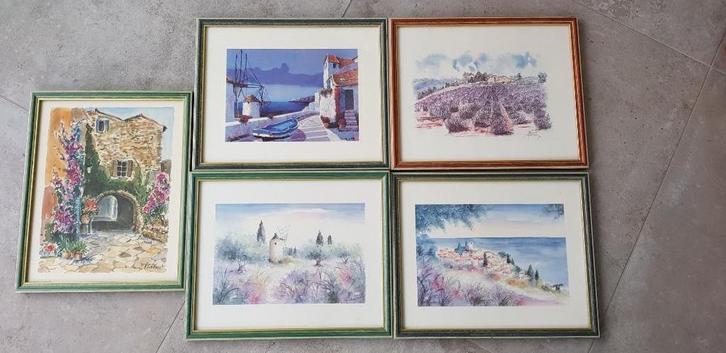 Vijf aquarellen „Côte d'Azur”., Antiek en Kunst, Kunst | Schilderijen | Klassiek, Ophalen