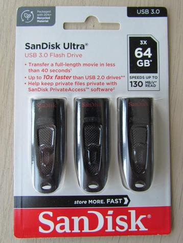 Nieuwe set van 3 usb SANDISK ULTRA 64GB beschikbaar voor biedingen