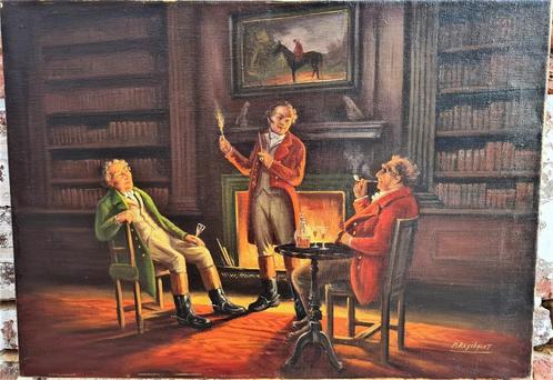 Bibliotheek scène - oliedoek gesigneerd P. Reyckaert, Antiek en Kunst, Kunst | Schilderijen | Klassiek, Ophalen of Verzenden