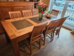 Eettafel in massief teak met 7 bijpassende stoelen, Huis en Inrichting, Ophalen, Gebruikt, Teakhout, 50 tot 100 cm