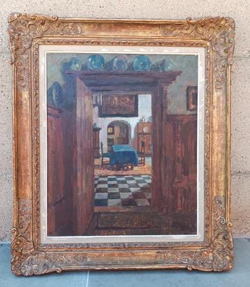 Jules Van de Leene - Hollands interieur - olieverf  beschikbaar voor biedingen