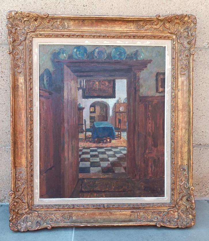 Jules Van de Leene - Hollands interieur - olieverf, Antiek en Kunst, Kunst | Schilderijen | Klassiek, Ophalen
