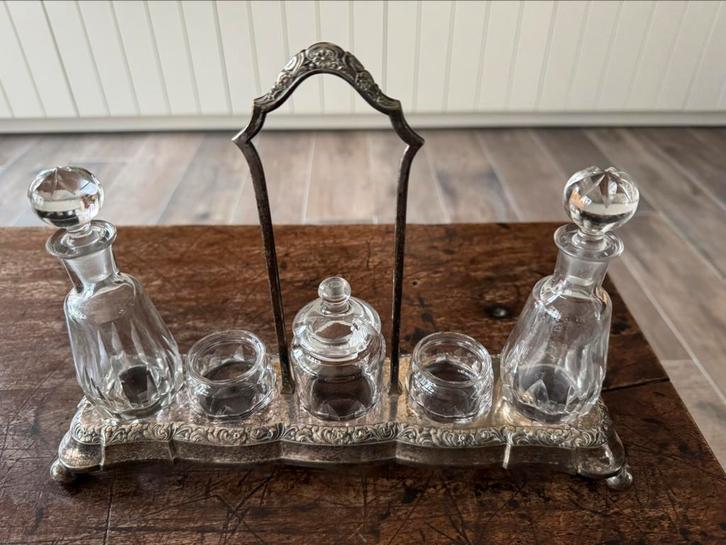 OLIE EN AZIJNSTEL IN VERZILVERDE HOUDER, Antiek en Kunst, Antiek | Keukengerei, Ophalen