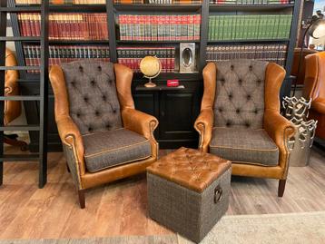 Chesterfield oor fauteuil stof Harris Tweed stof leer zetel beschikbaar voor biedingen