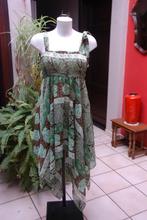 TU groene, beige en bruine asymmetrische zonnejurk, Maat 38/40 (M), Ophalen of Verzenden, Zo goed als nieuw, Onder de knie